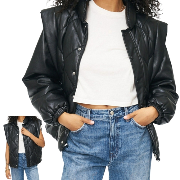 Pistola Callista Quilted Puffer Jacket Vest Size Large Biker Black Faux Leather - Picture 1 of 15